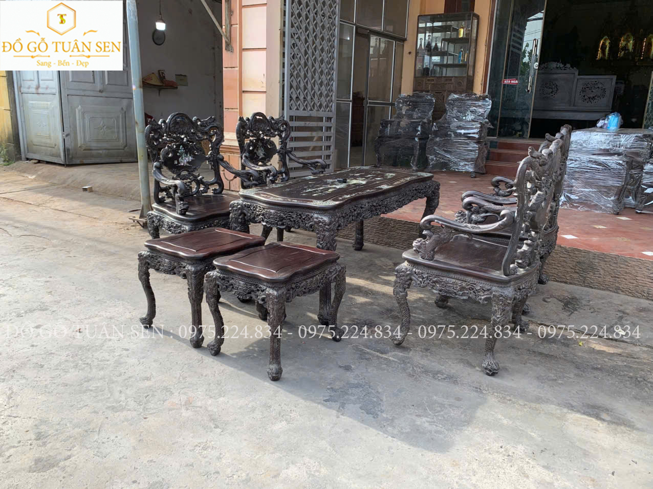 Hình ảnh bộ bàn ghế khánh rồng gỗ gụ 7 món khảm ốc 